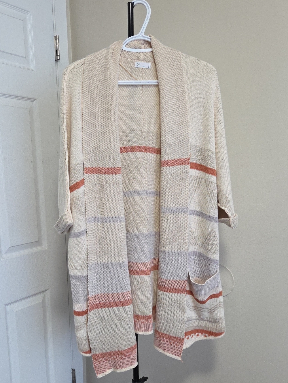 Gentle Fawn Cream Open-Front Striped Cardigan with Coral and Light Gray Accents